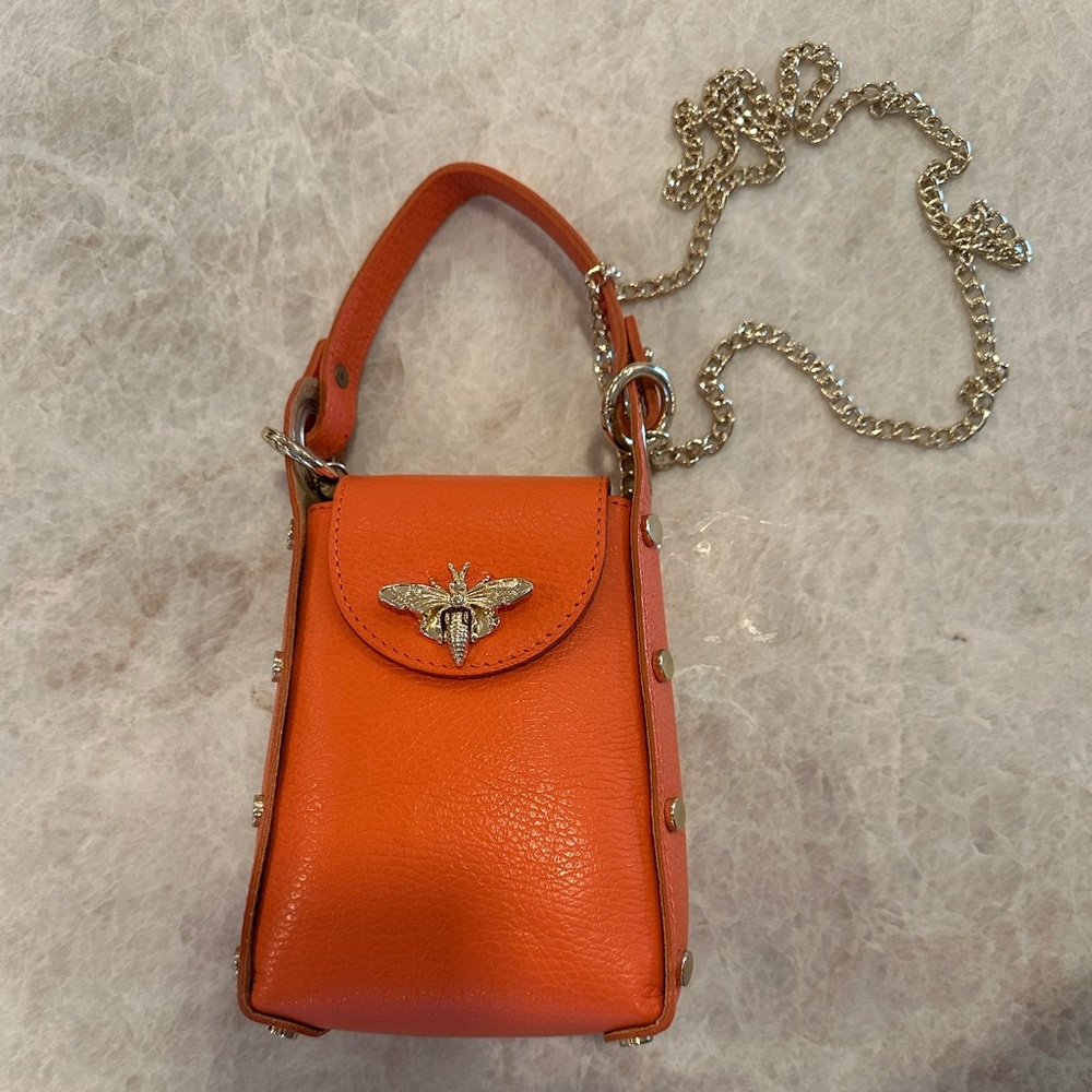 Orange Leather Handbag with Gold Chain and Bee Gold
